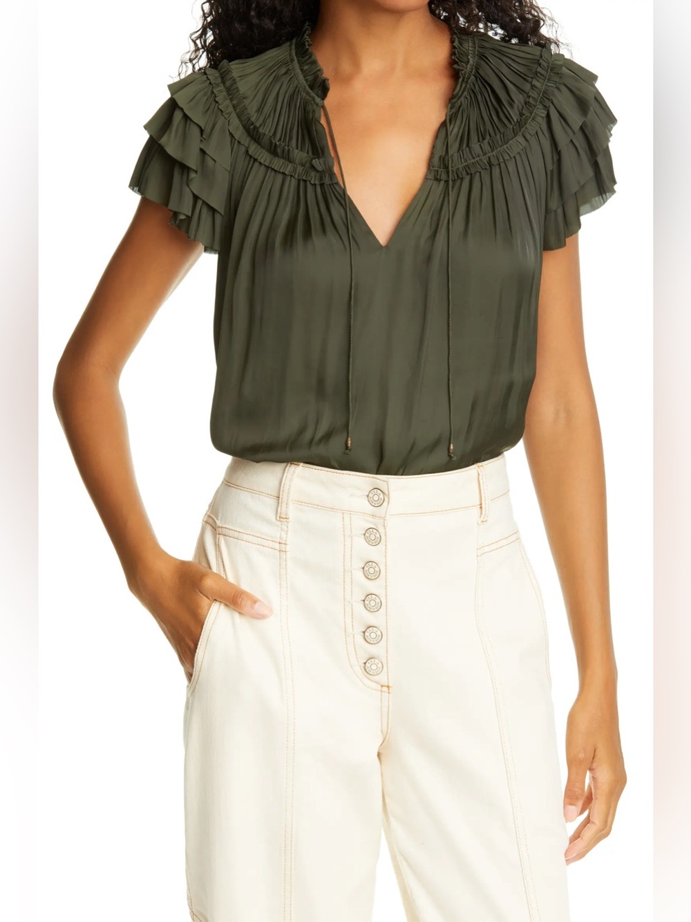 Ulla Johnson Women's Ellisa Olive Green Ruffle Sleeve V-Neck Top Size 2